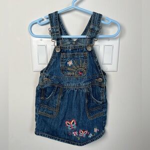 Y2K OshKosh B'gosh Blue Denim Dress Overalls Skirtall with Sunny Day Embroidery